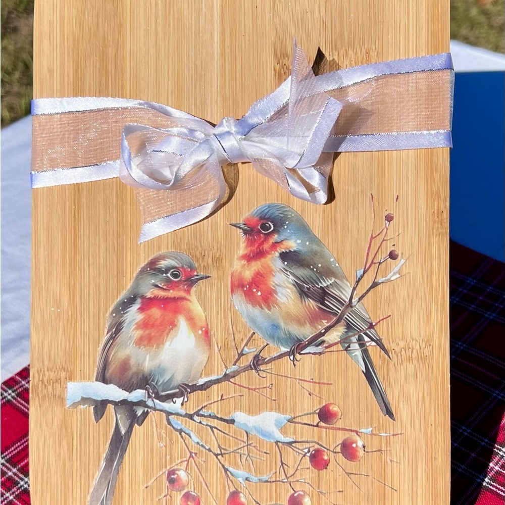 Festive Bamboo Cutting Board With‎ Gorgeous Winter Birds Nestled on a Branch